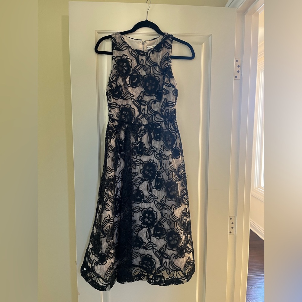 Dress has an over lay with cinched waist